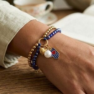 Boho Hamsa & Heart Charm Double Layer Beaded Bracelet - Gold & Royal Blue